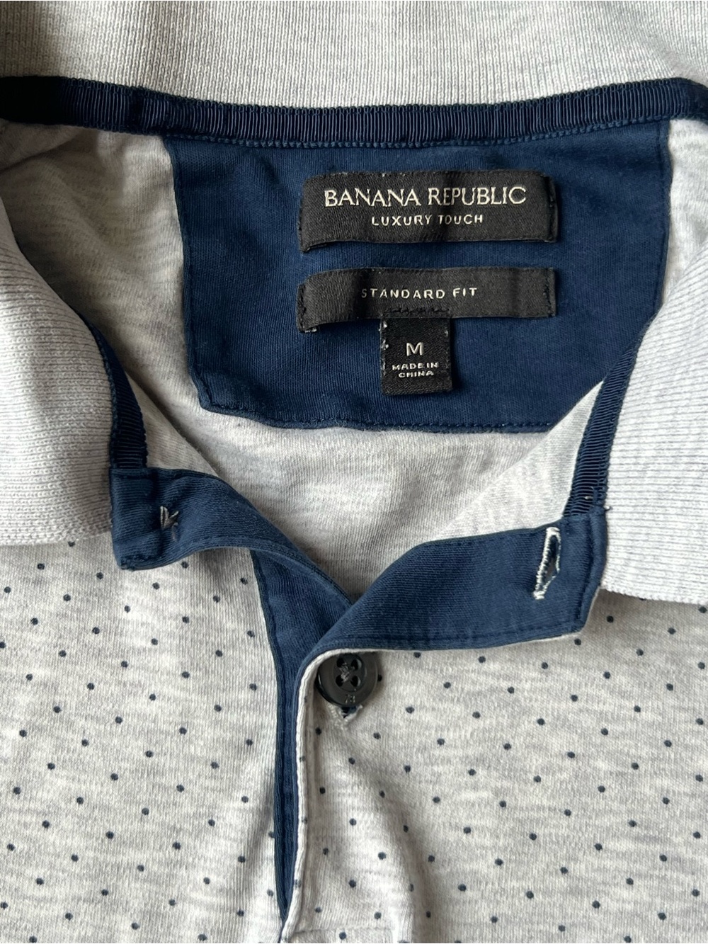 Banana Republic Heather Light Gray Polo with Navy Blue Mini Polka Dots - Picture 2 of 2